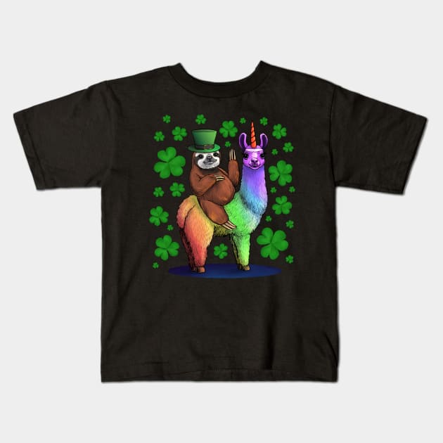 Leprechaun Sloth Riding Llama Unicorn St Patricks Day Kids T-Shirt by Jay Diloy